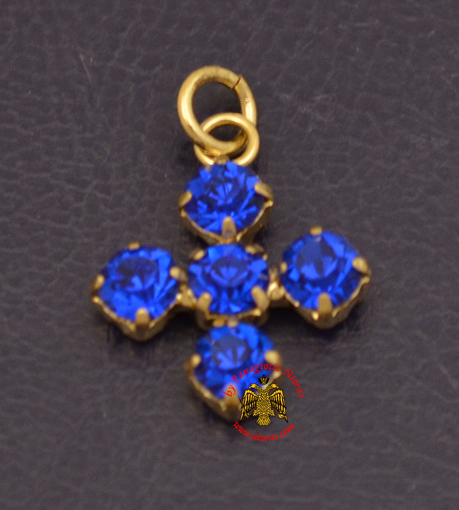 Metal Cross With Blue Swarovski Type of Stones Gold Plated