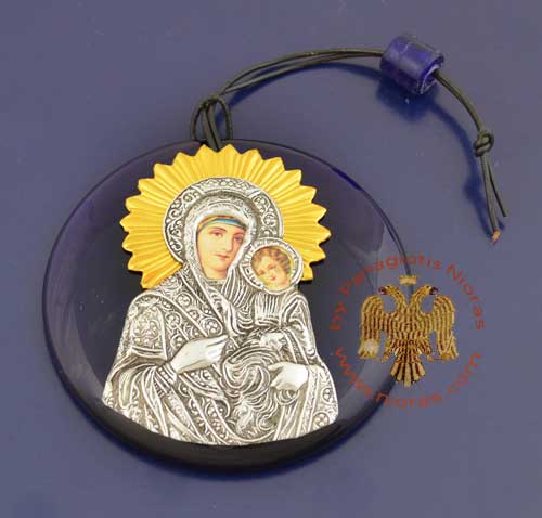 Blue Round Glass with Metal Theotokos Icon D