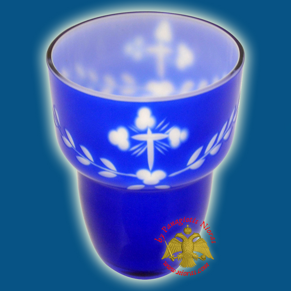Romanian Orthodox Cross Carved Glass Cups Blue White B 8.5X11.5cm