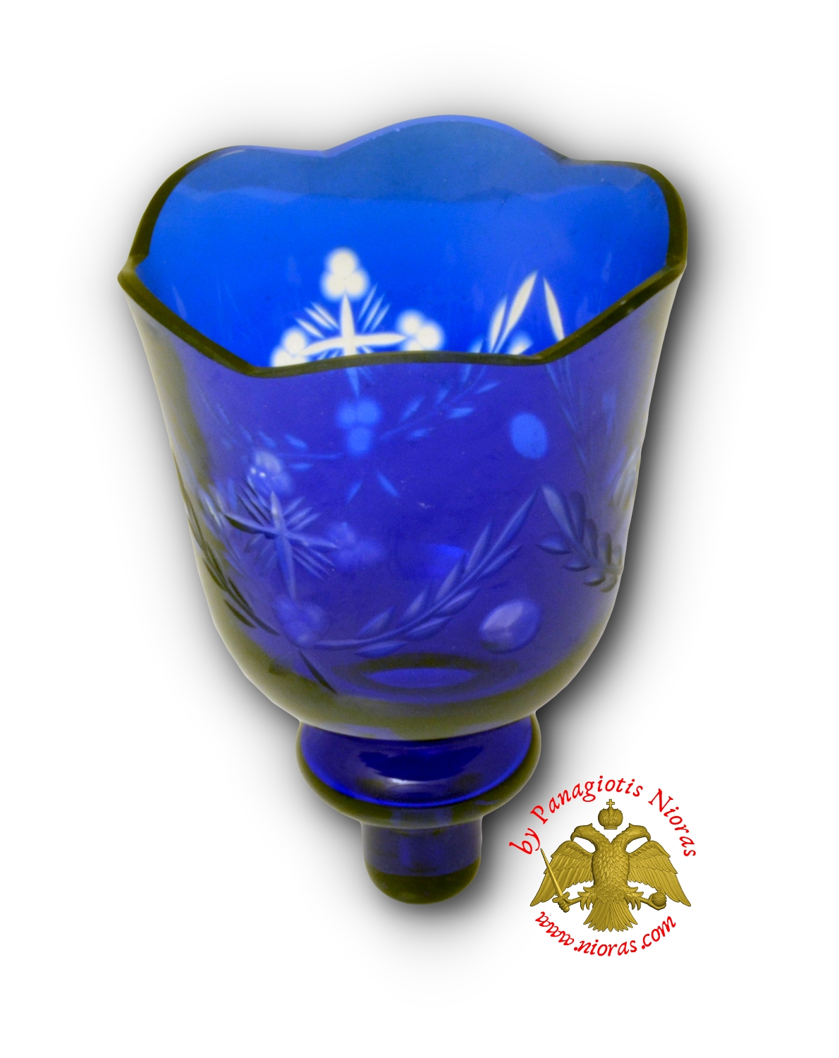 Louserna Orthodox Carved Cross Glass Votive Cup with Standing Poll in Blue Clear Colour