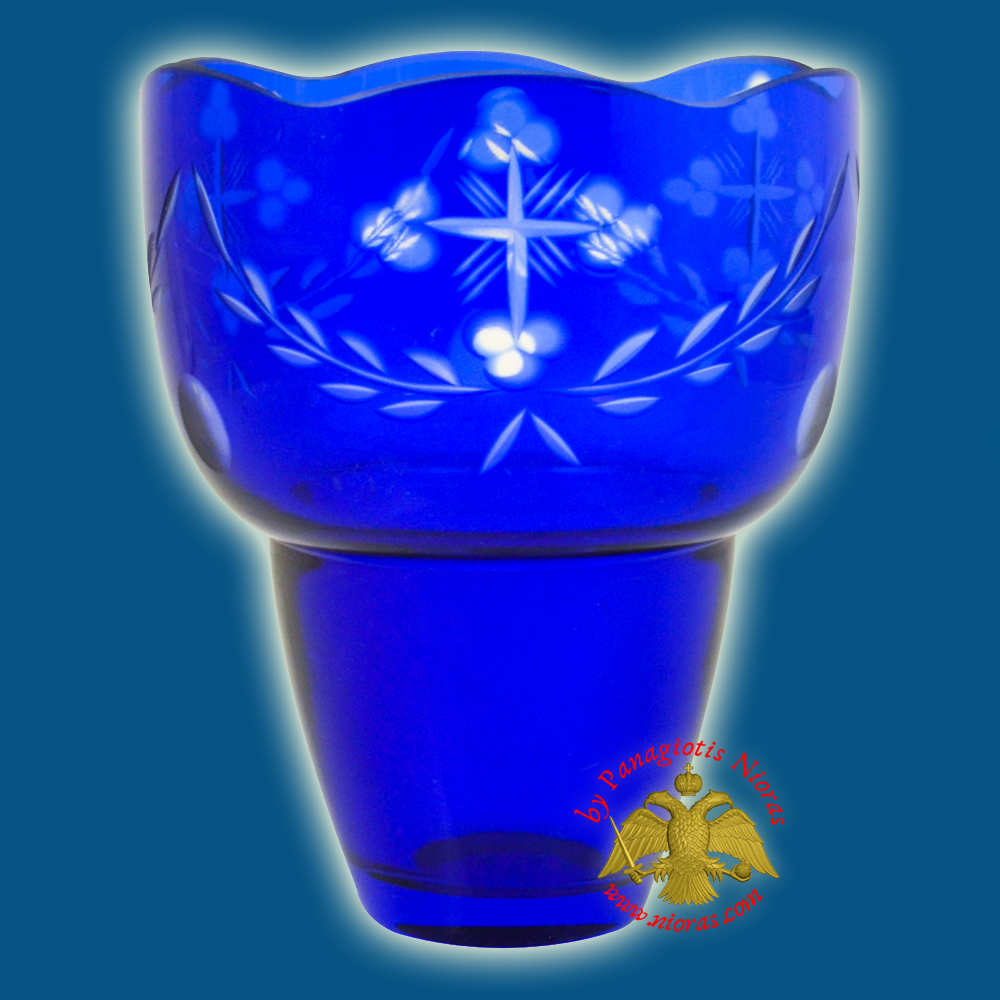 Romanian Orthodox Hand Carved with Crosses Votive Glass Cup Blue Clear 9.50x12cm