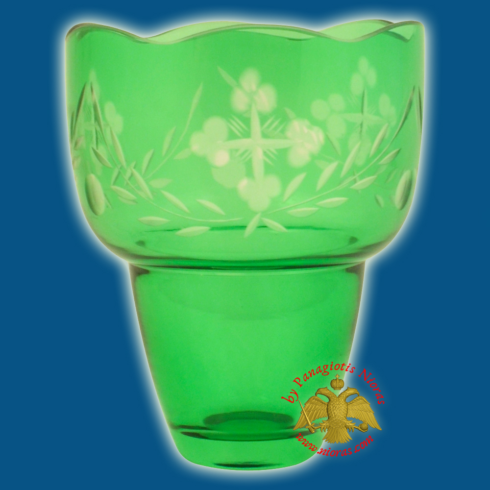 Romanian Orthodox Hand Carved with Crosses Votive Glass Cup Green
