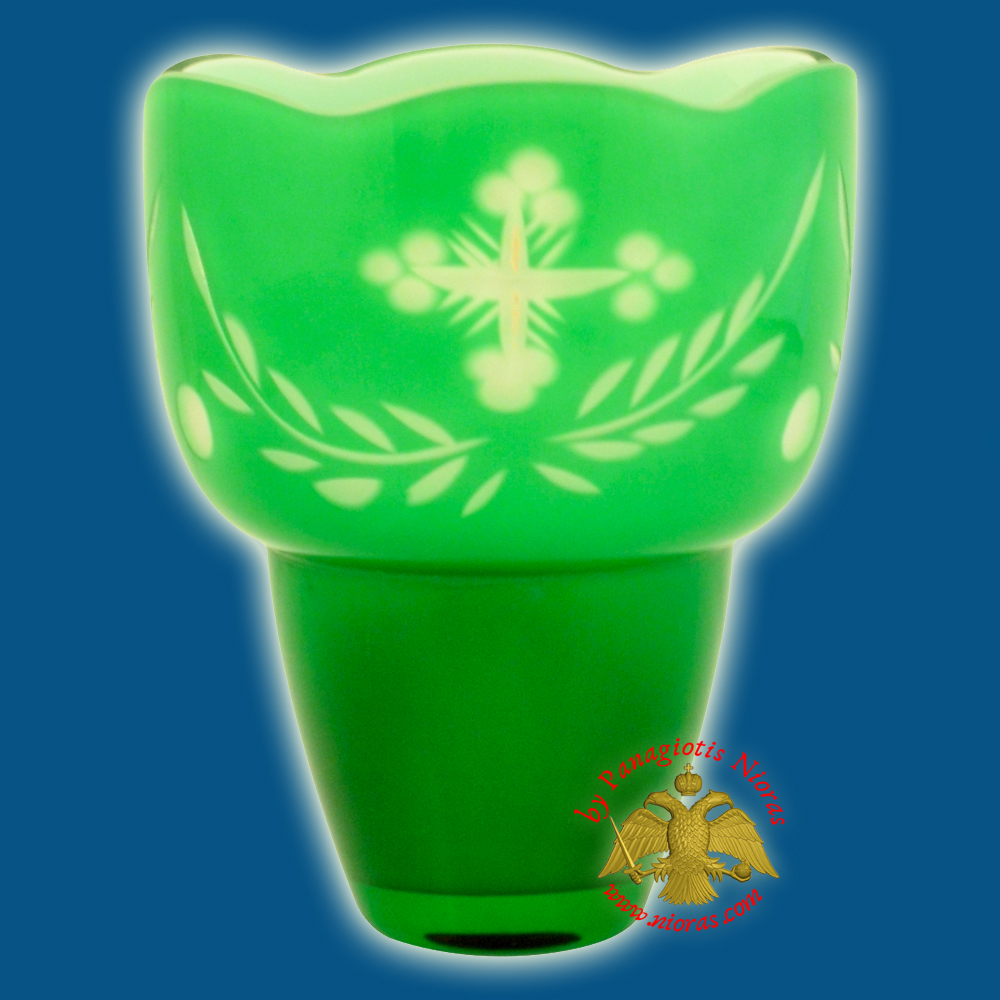 Romanian Orthodox Hand Carved with Crosses Votive Glass Cup Green with White Inner