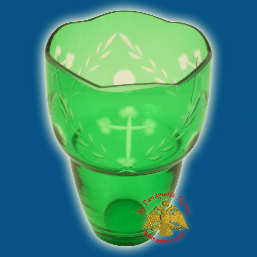 Romanian Orthodox Hand Carved with Crosses Votive Glass Cup Green 8.50x10.50cm