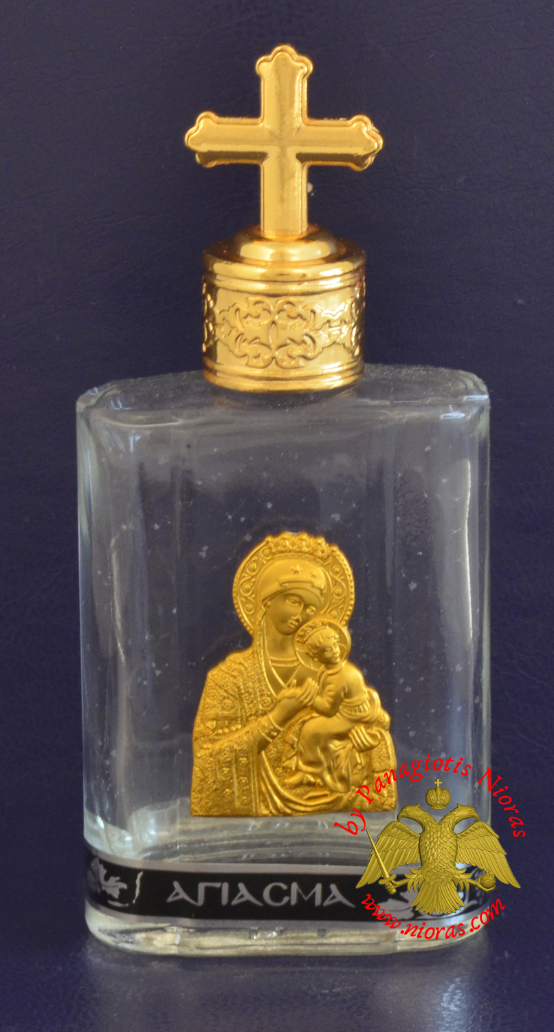 Holy Water Bottle With Golden Theotokos Icon and Metal Lid with Byzantine Cross 7x5cm
