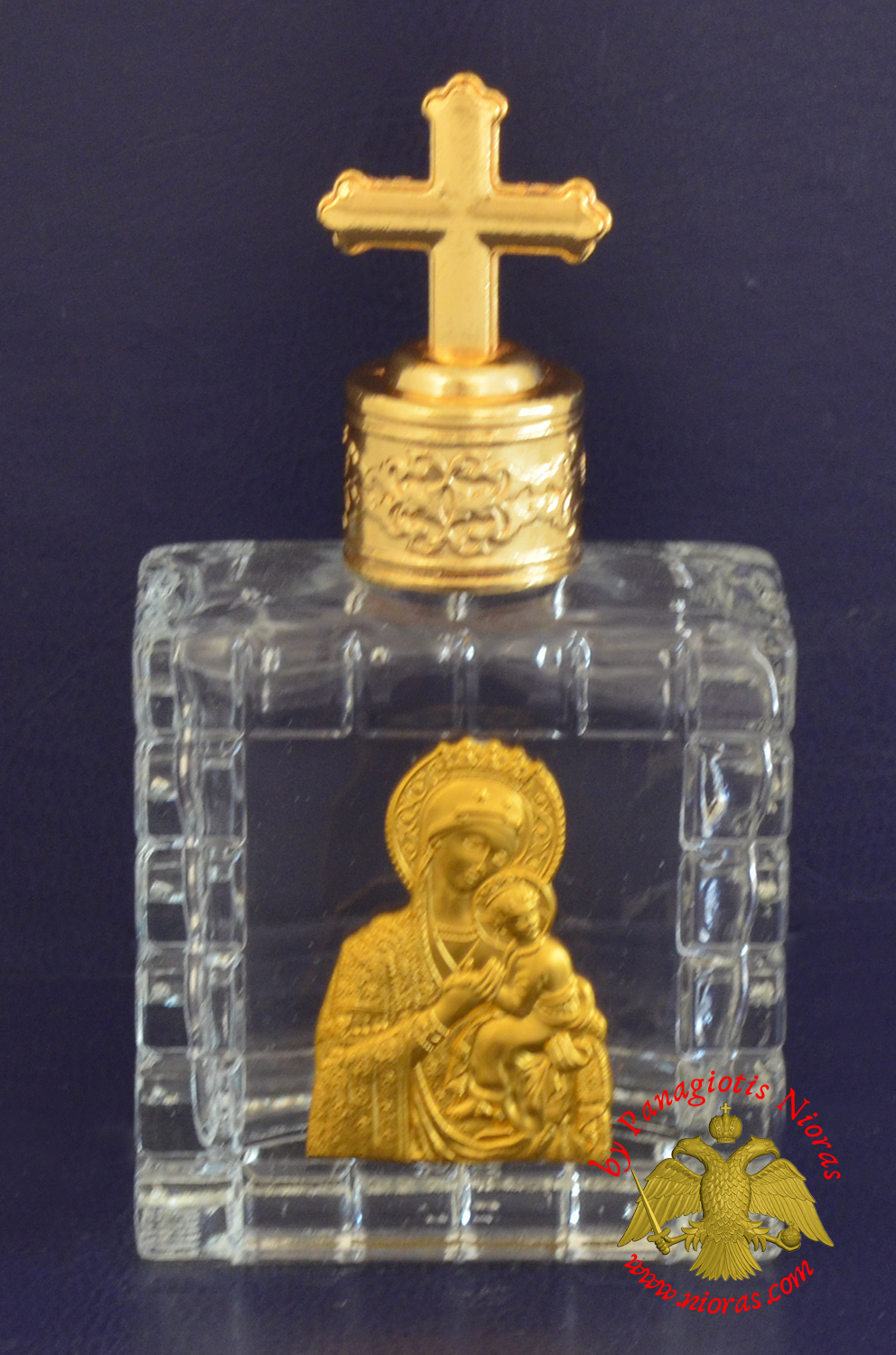 Holy Water Bottle With Golden Theotokos Icon and Metal Lid with Byzantine Cross 6x6cm