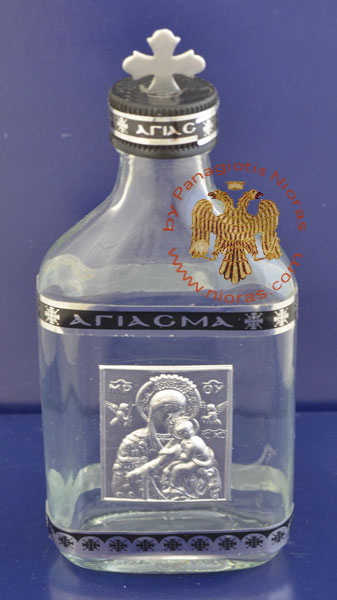 Holy Water or Holy Oil Bottle Clear with Holy Metal Theotokos Icon and Cross in the Lid