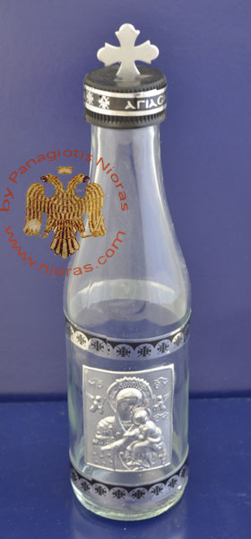 Holy Water or Holy Oil Bottle Clear Cylinder with Holy Metal Theotokos Icon and Cross in the Lid