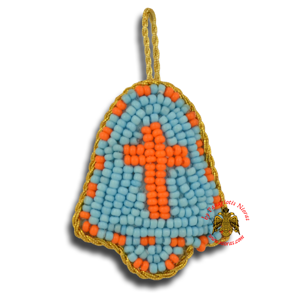 Orthodox Filakto Amulet Pendant Light Blue Bell with Orange Cross Beads