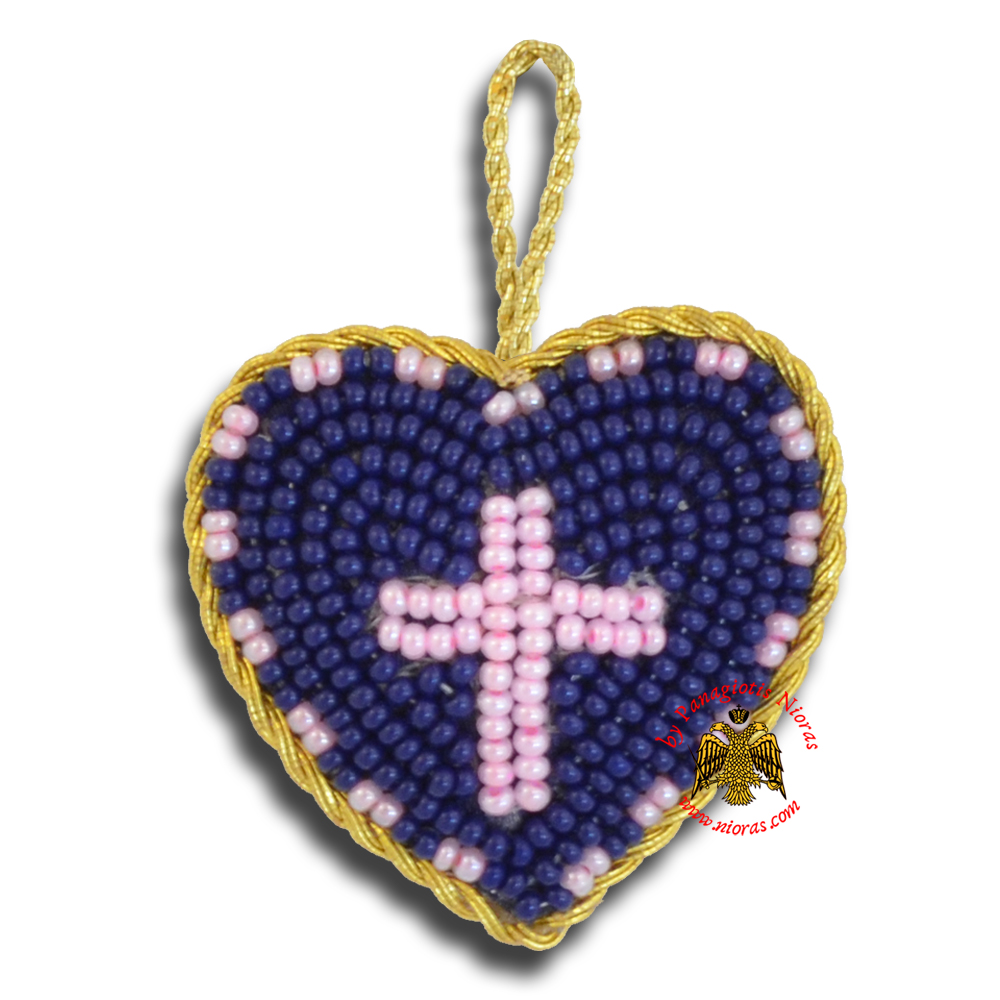 Orthodox Filakto Amulet Pendant Blue Heart with Pink Cross Beads