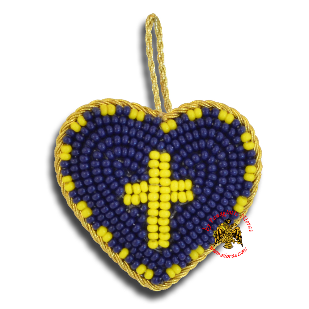 Orthodox Filakto Amulet Pendant Blue Heart with Light Yellow Cross Beads
