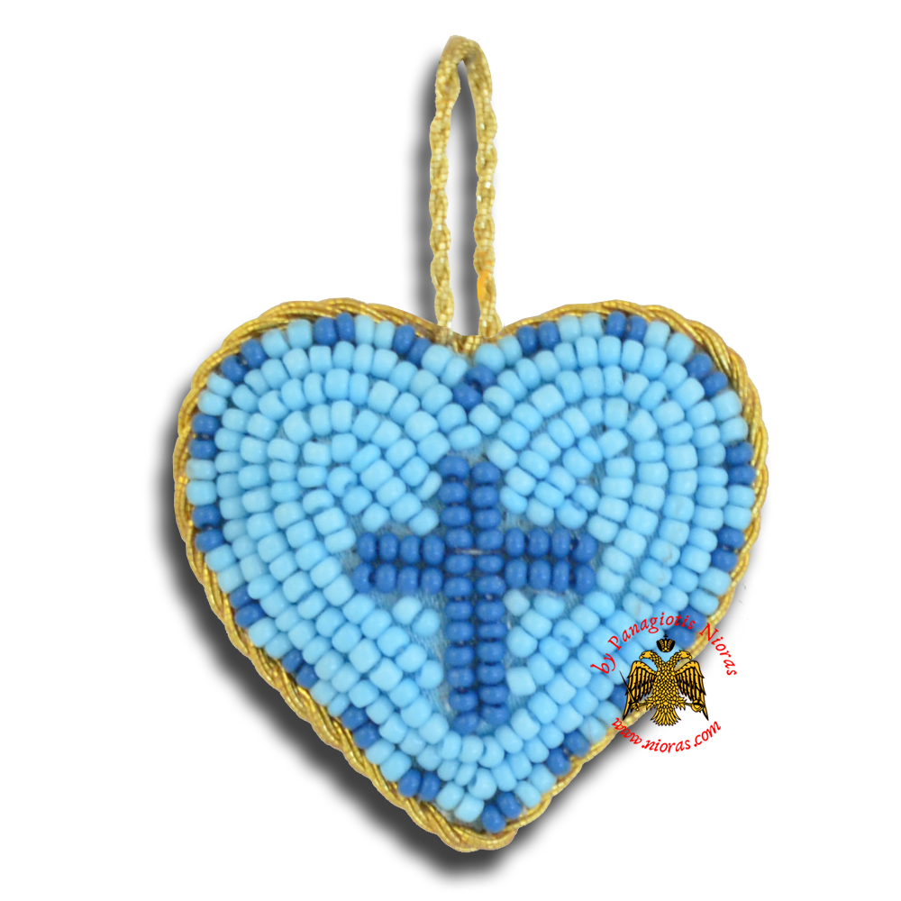 Orthodox Filakto Amulet Pendant Light Blue Heart with Blue Cross Beads