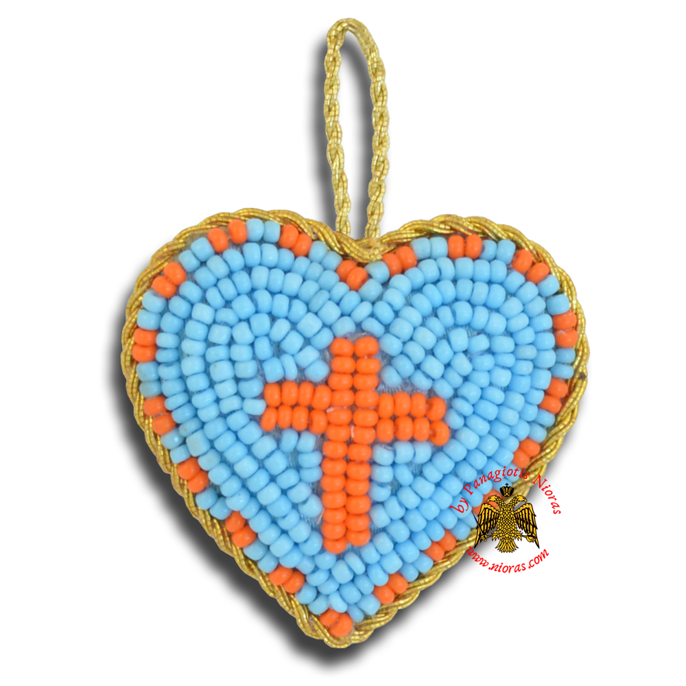 Orthodox Filakto Amulet Pendant Light Blue Heart with Orange Cross Beads