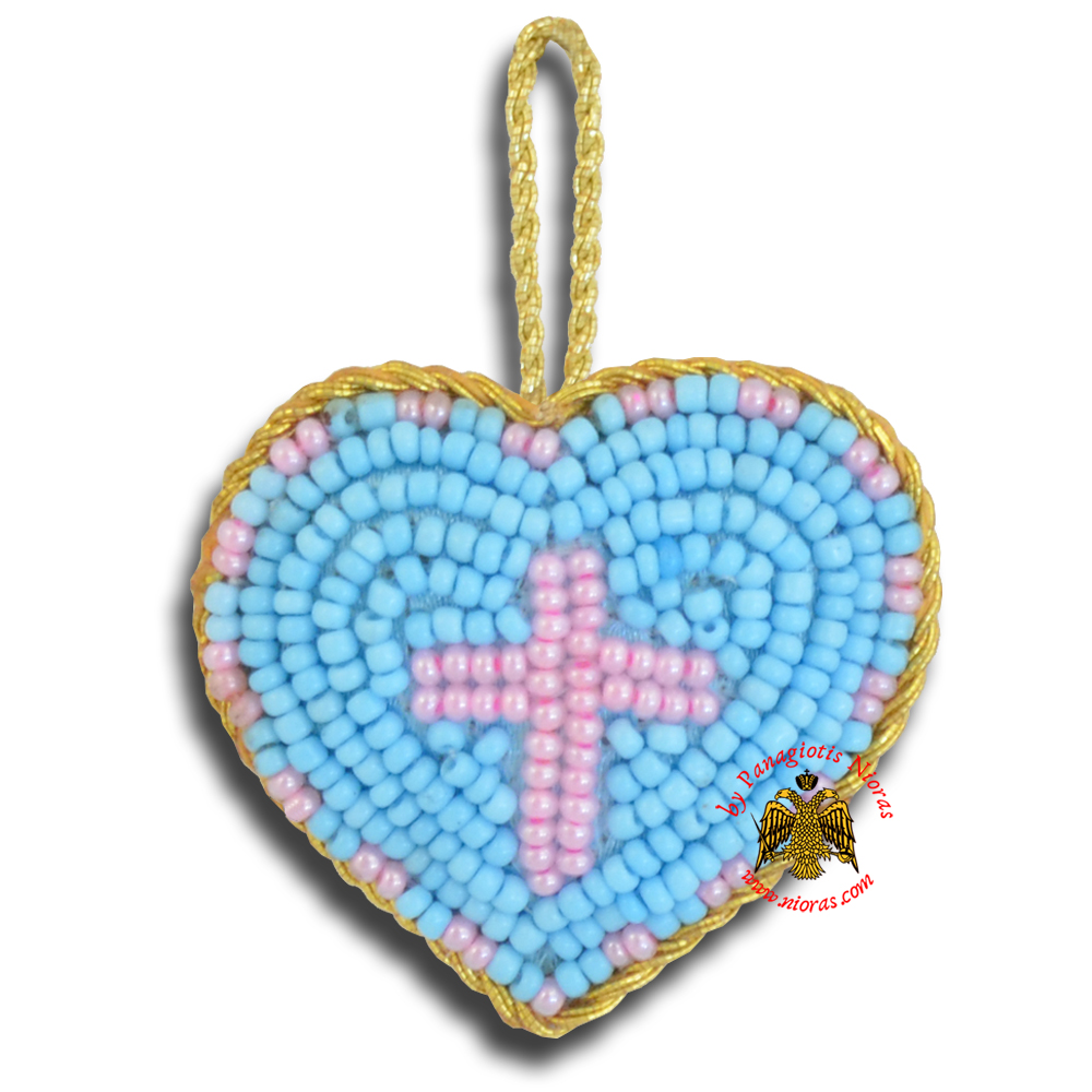 Orthodox Filakto Amulet Pendant Light Blue Heart with Pink Cross Beads