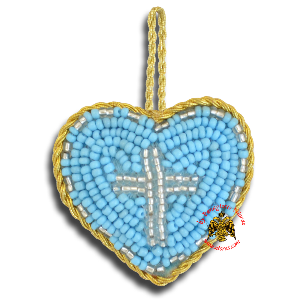 Orthodox Filakto Amulet Pendant Light Blue Heart with Silver Cross Beads