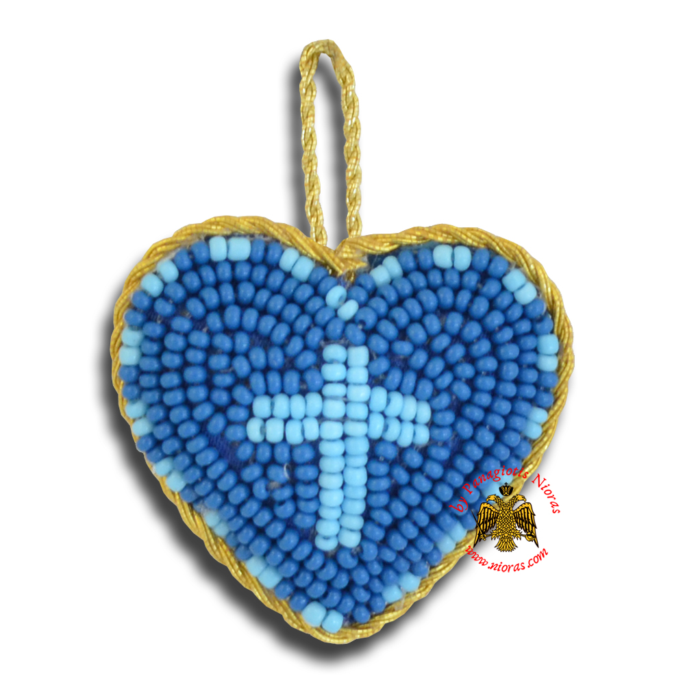 Orthodox Filakto Amulet Pendant Medium Blue Heart with Light Blue Cross Beads