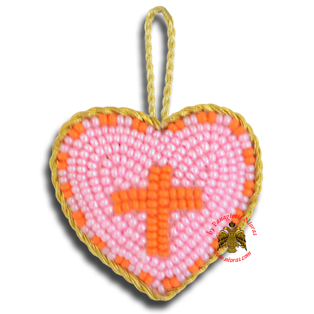 Orthodox Filakto Amulet Pendant Pink Heart with Orange Cross Beads
