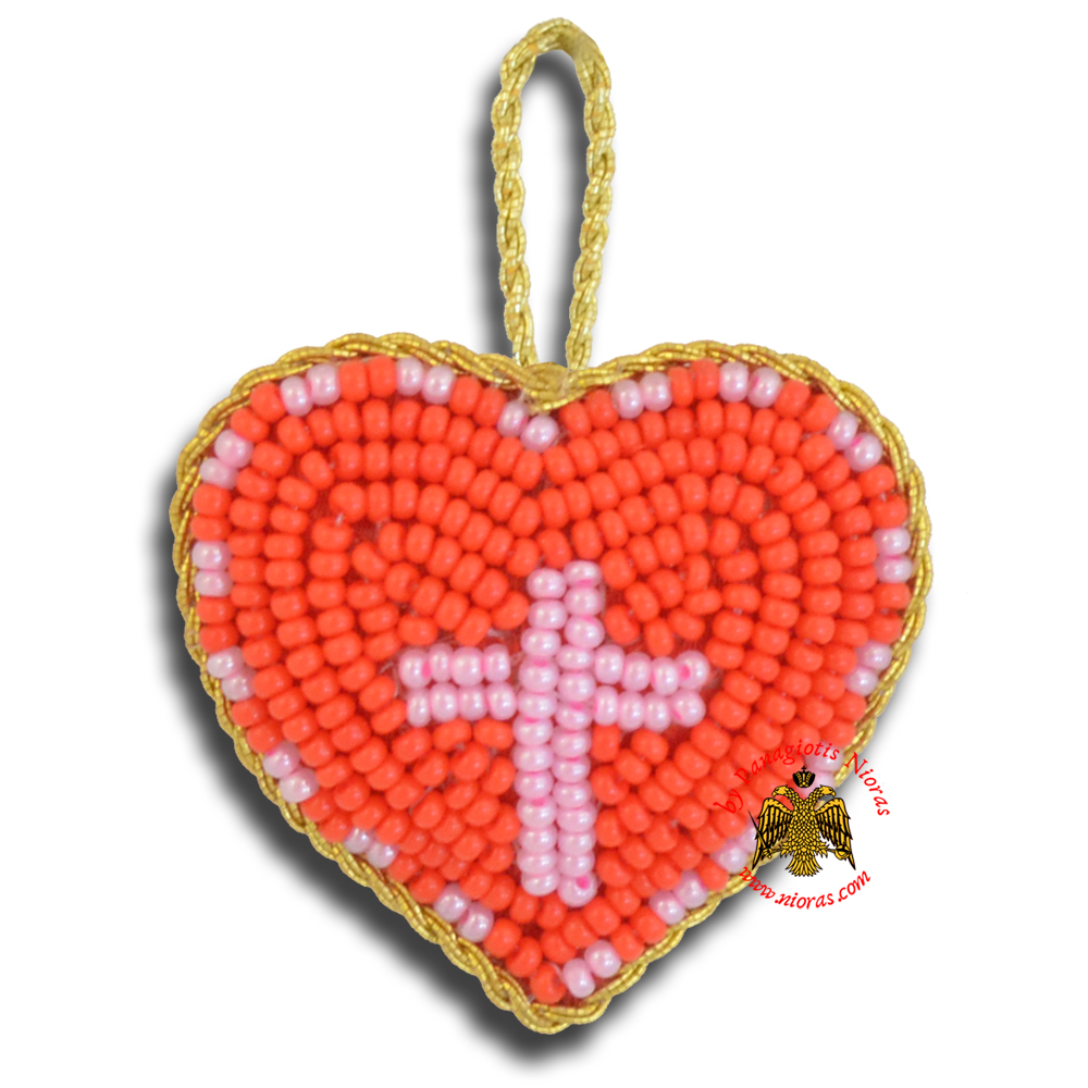 Orthodox Filakto Amulet Pendant Red Heart with Pink Cross Beads