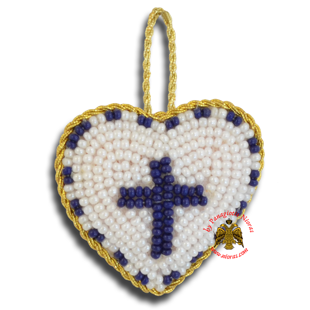 Orthodox Filakto Amulet Pendant White Heart with Blue Cross Beads