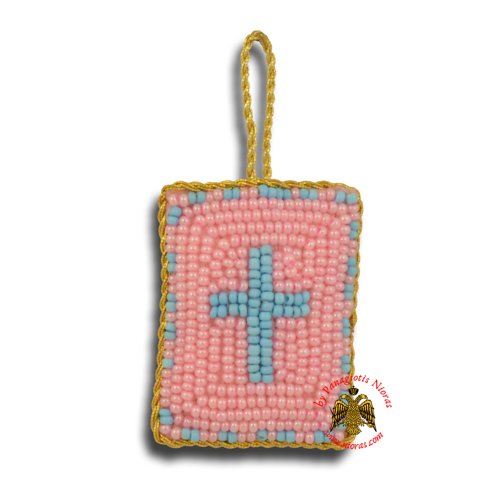 Orthodox Filakto Amulet Pendant Rectangular with Cross Beads Design Pink & Light Blue