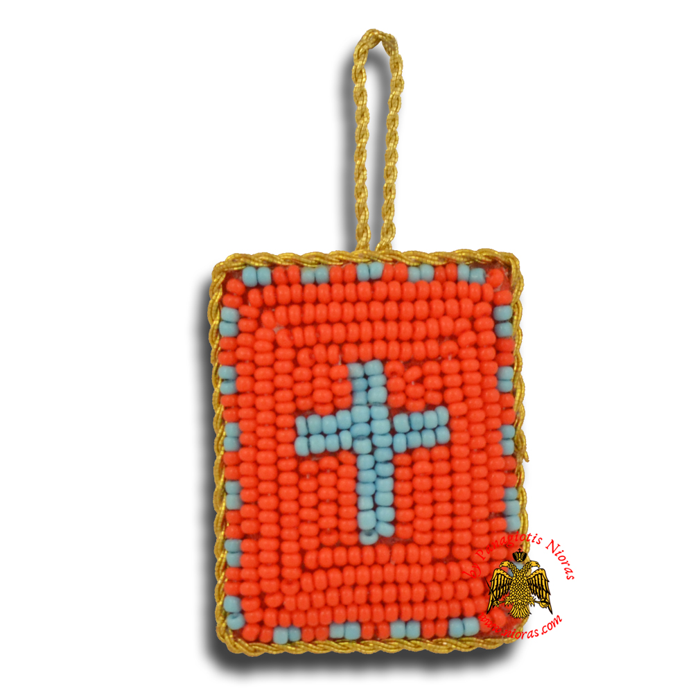 Orthodox Filakto Amulet Pendant Rectangular with Cross Beads Design Red & Light Blue