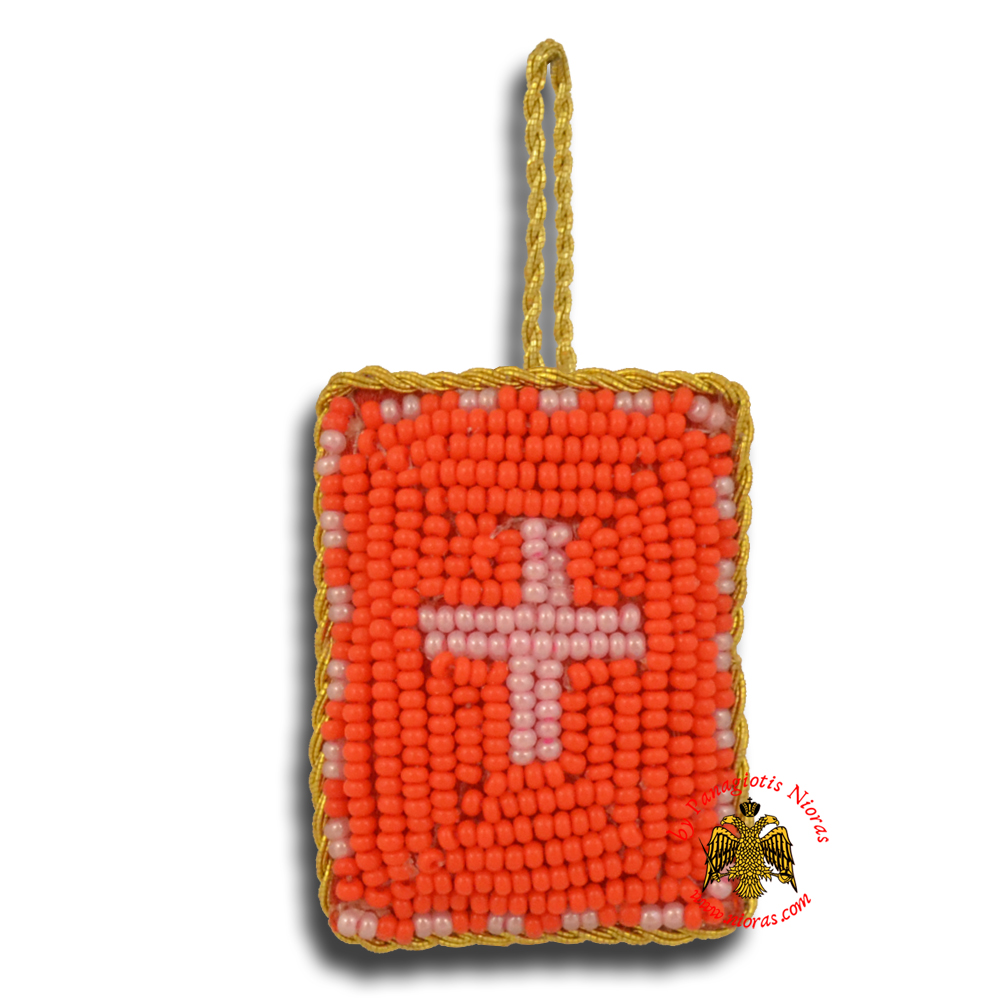 Orthodox Filakto Amulet Pendant Rectangular with Cross Beads Design Red & Pink