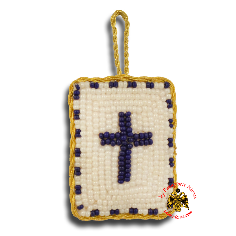 Orthodox Filakto Amulet Pendant Rectangular with Cross Beads Design White & Blue
