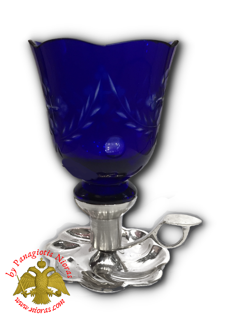 Traditional Single Candle Stand with Plate and Handle Nickel Polished With Orthodox Vigil Oil Cup Blue