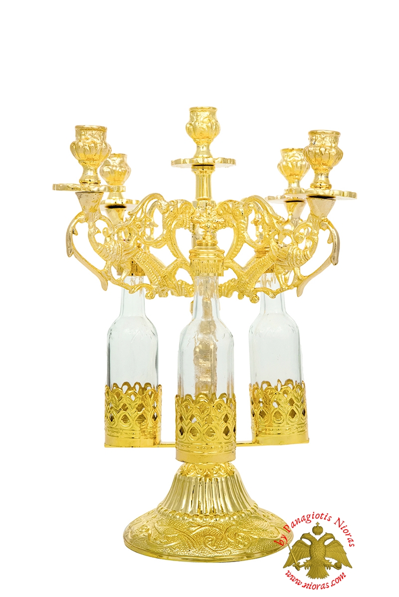 Orthodox Consecration Five Candles Stand with 3 Glass Bottles 30cm Gold Plated