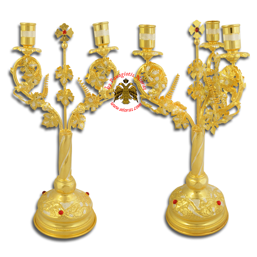 Orthodox Church Grapes Design Candle Stand Set Dikeron Trikeron 29cm