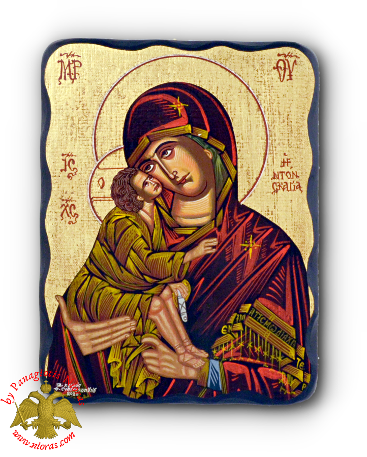 Hagiography Icon Panagia Sweet Kissing on Natural Carved Wood 19x25cm