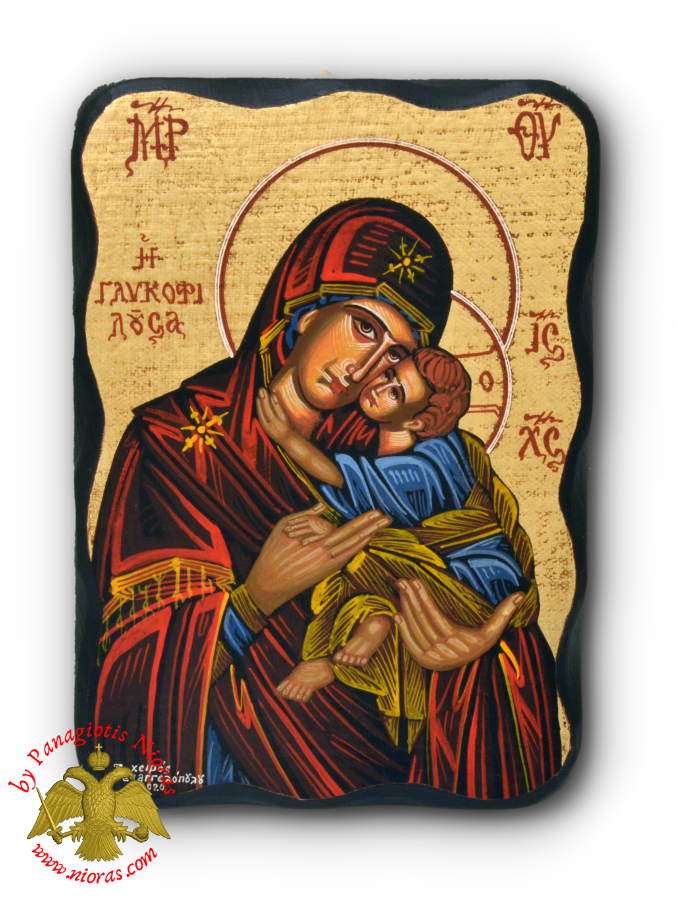 Hagiography Icon Panagia Sweet Kissing on Natural Carved Wood 14x20cm