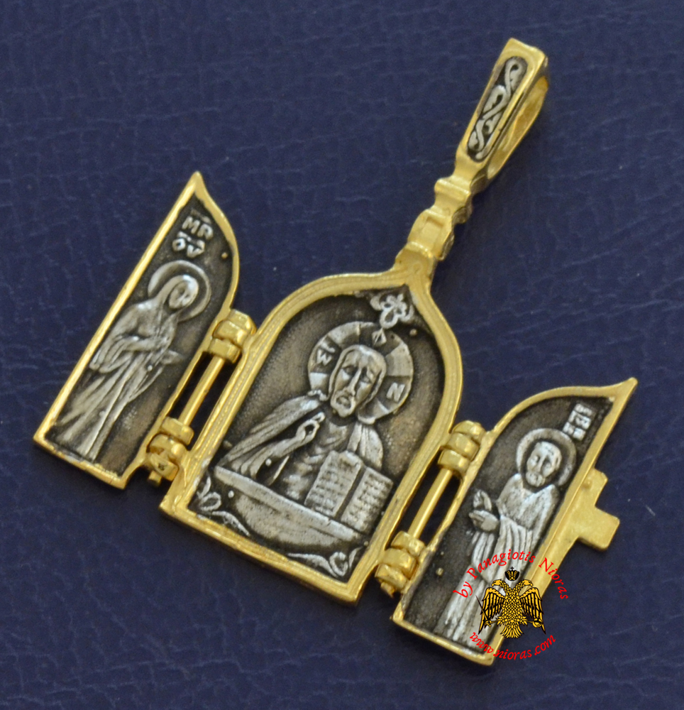 Neckwear Byzantine Triptych Pendant with Christ and Cross Silver 925 Gold Plated M014
