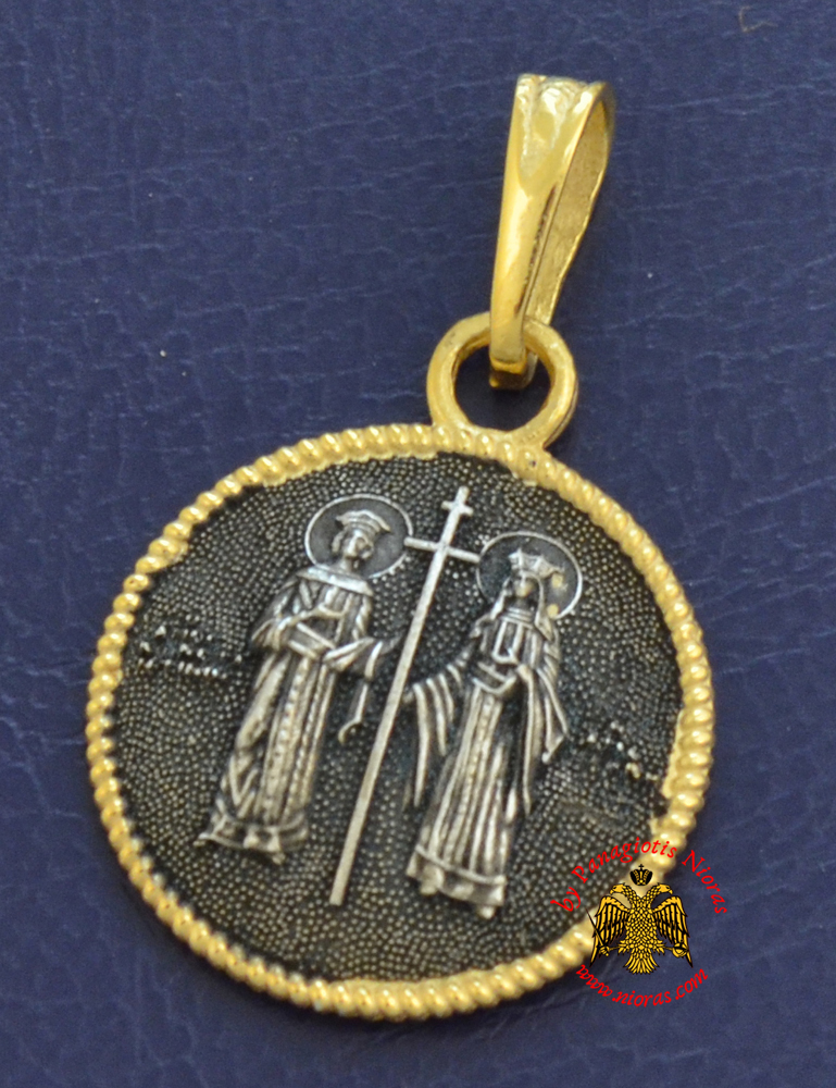Neckwear Byzantine Pendant Saint Constantine and Helen Silver 925 Gold Plated M074
