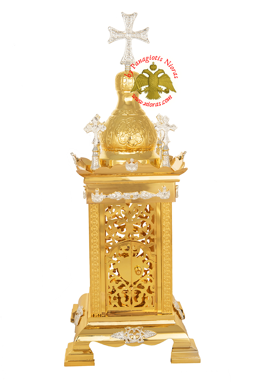 Holy Table Orthodox Tabernacle Hand Cut with Metal Decorations Gold and Silver Plated