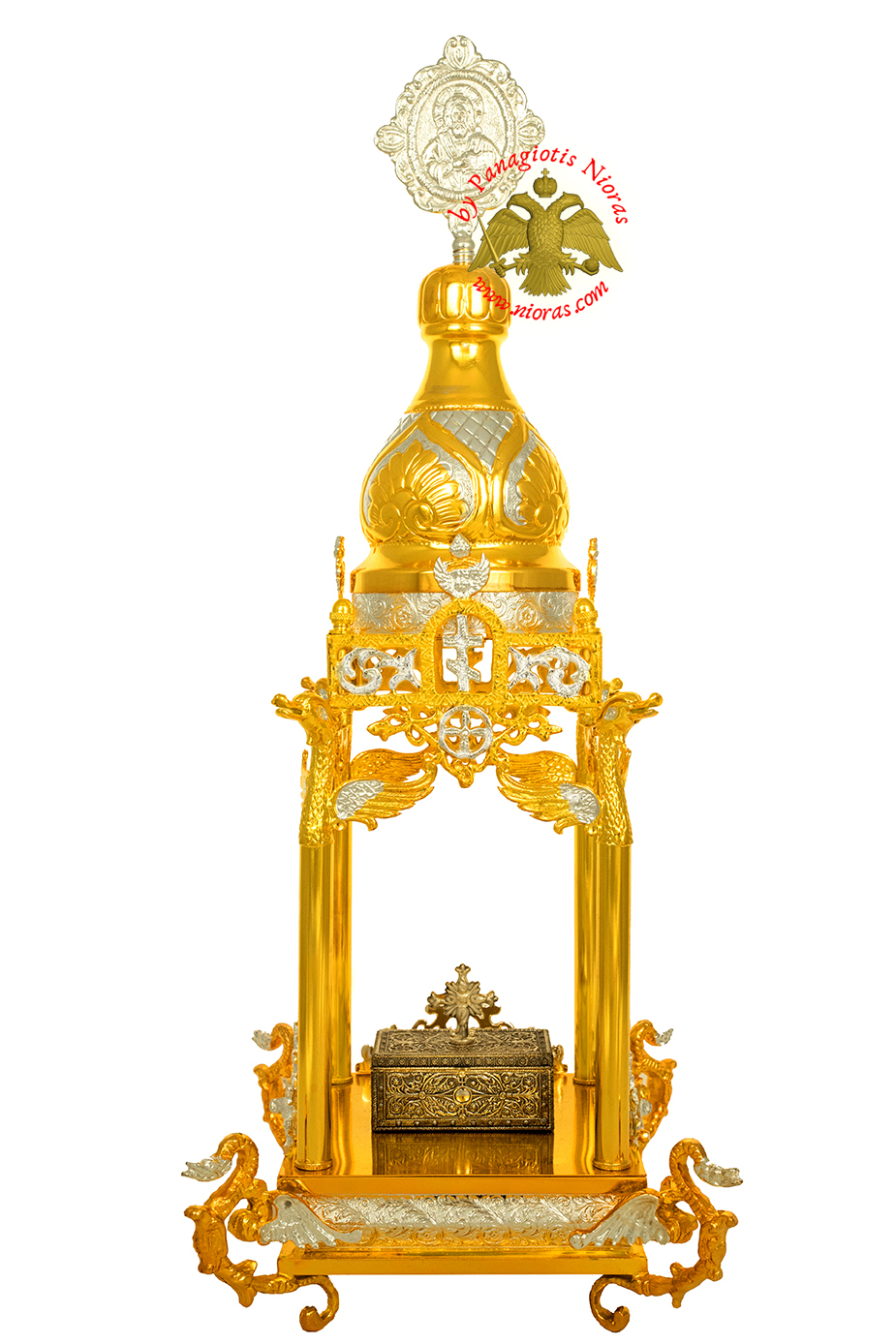 Holy Table Orthodox Tabernacle Columns with Dragons Metal Decorations Gold and Silver Plated