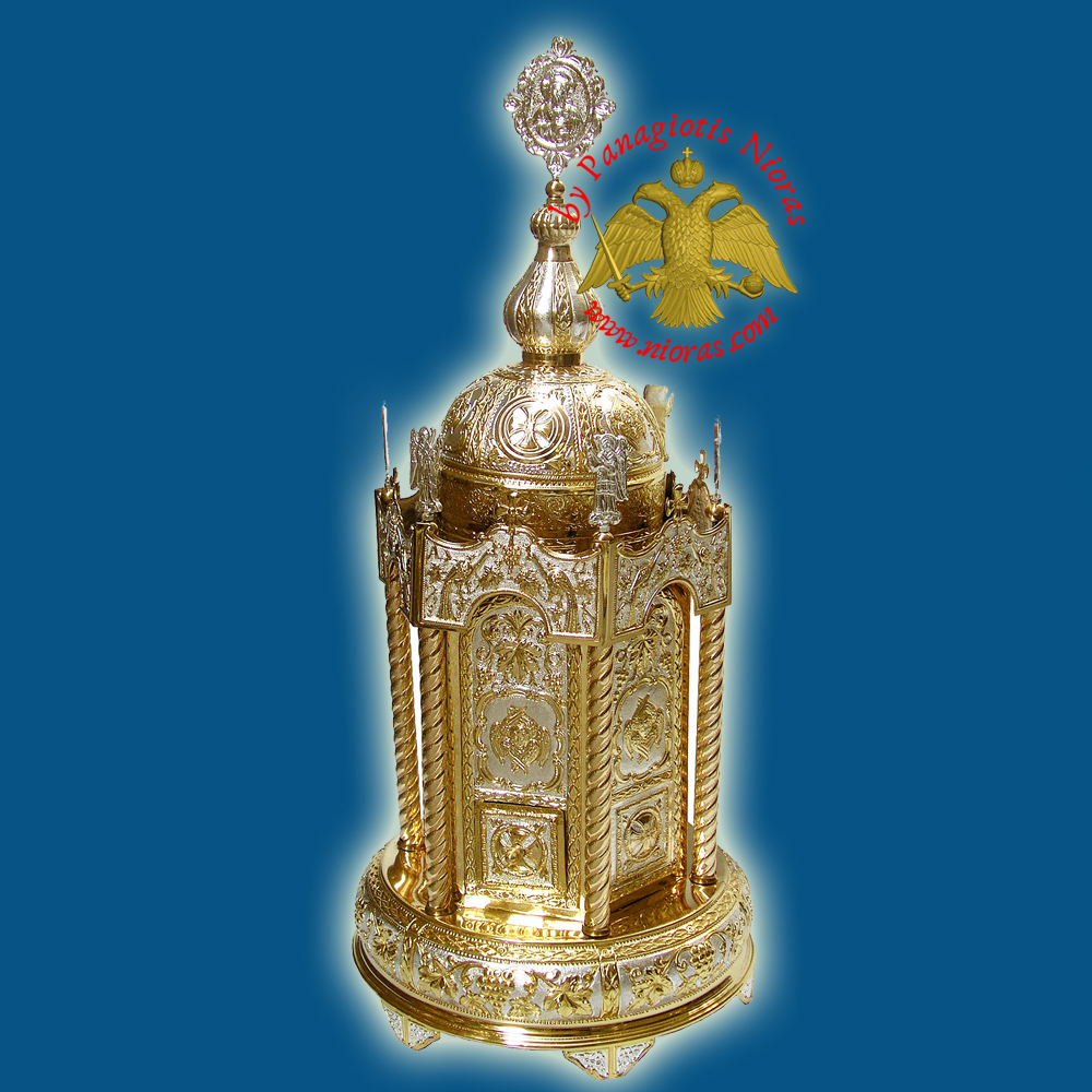 Holy Table Orthodox Tabernacle With Angels Hexagon, Round Base Gold and Silver Plated