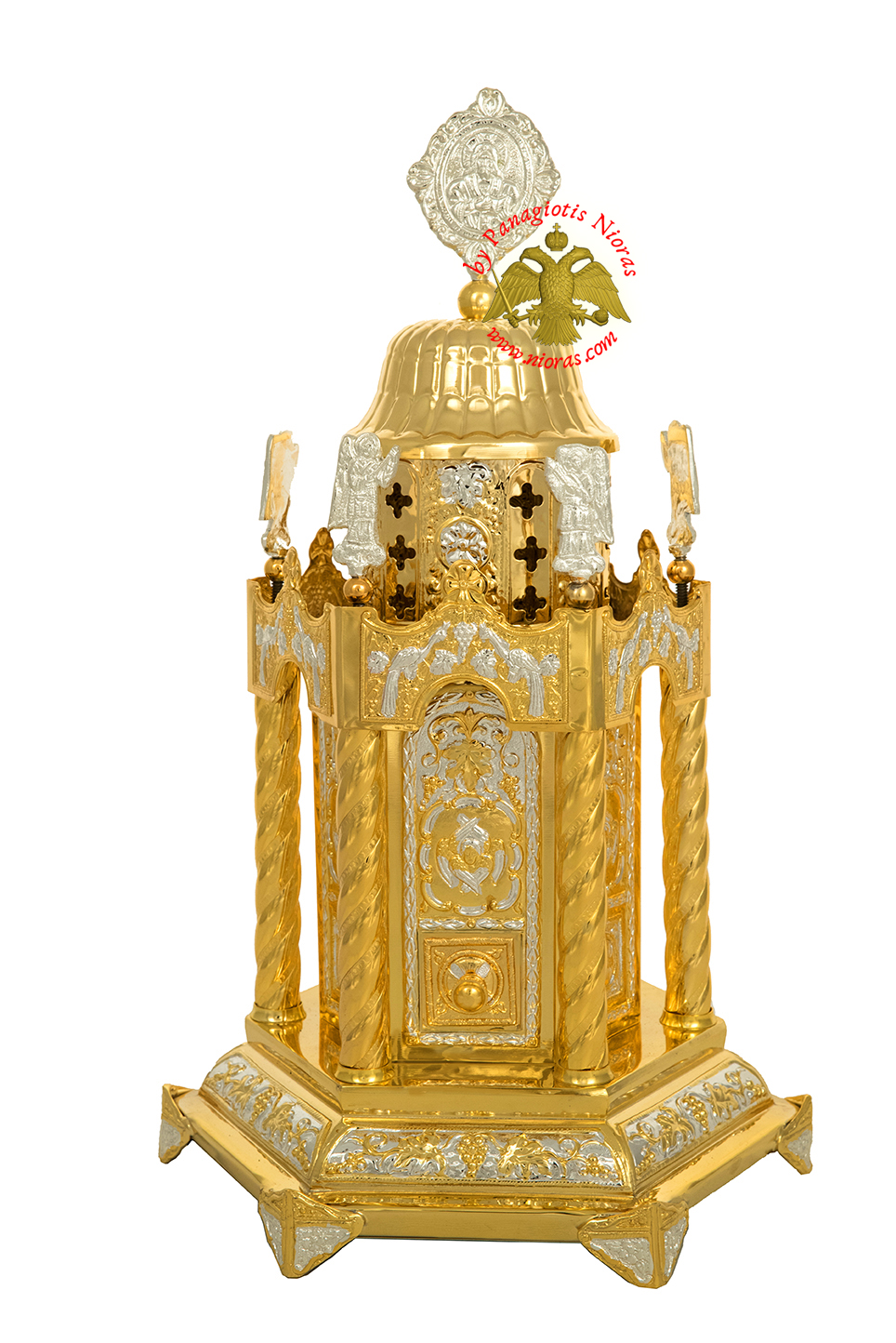 Holy Table Orthodox Tabernacle Hexagon Small With Angels Hexagon Base Gold and Silver Plated