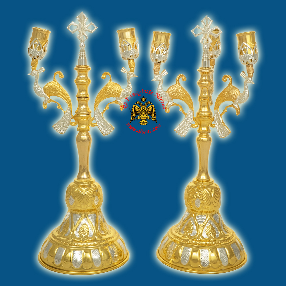 Orthodox Church Peacock Holy Table Hand Made Double and Triple Candle Stand Set