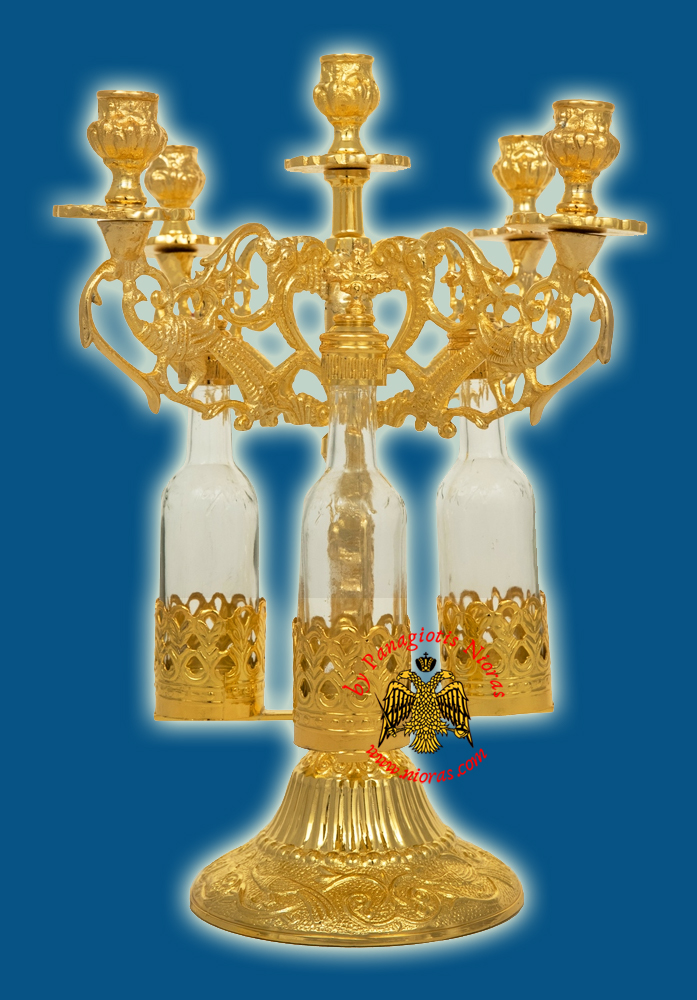 Orthodox Consecration Five Candles Stand Gold Plated with 3 Glass Bottles 30cm