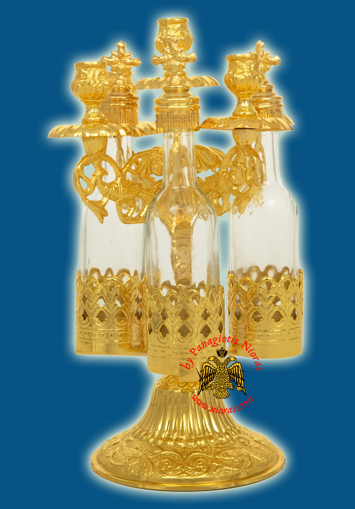 Orthodox Consecration Five Candles Stand Gold Plated with 3 Glass Bottles 25cm