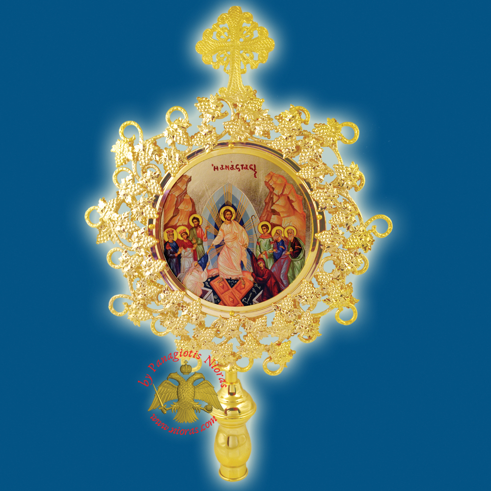 Orthodox Wooden Resurrection Metallic Fan Banner Round Gold Plated