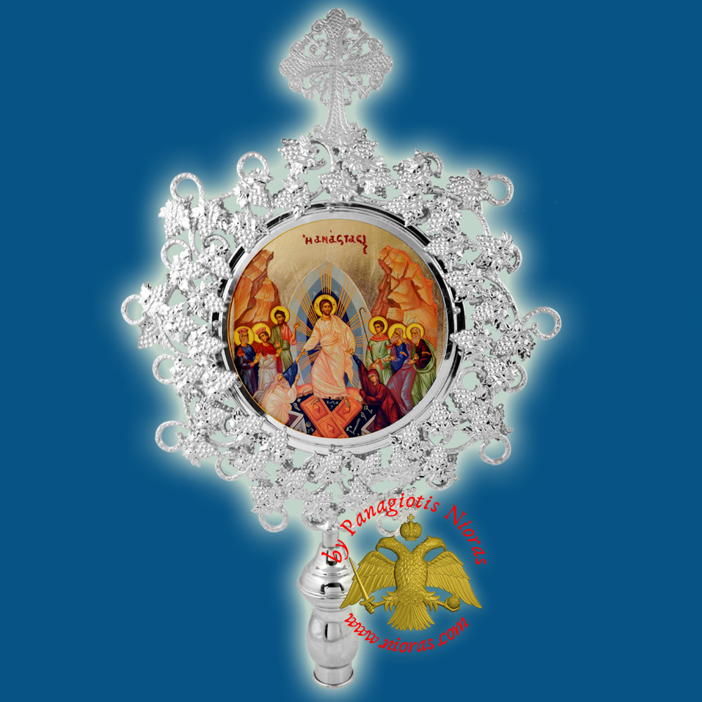 Orthodox Wooden Resurrection Metallic Fan Banner Round Silver Plated