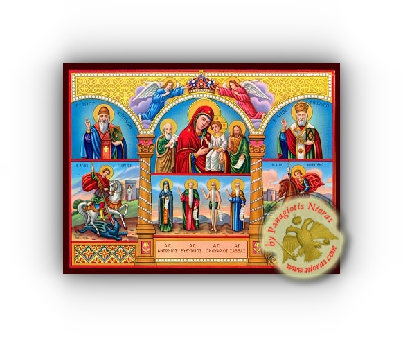 Theotokos With Jesus Christ, Saints John the Theologian, John the Forerunner, Spyridon, George, Anthony, Euthymius - Neoclassical Wooden Icon