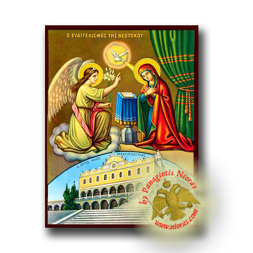 The Annunciation with the temple of Tinos - Neoclassical Wooden Icon