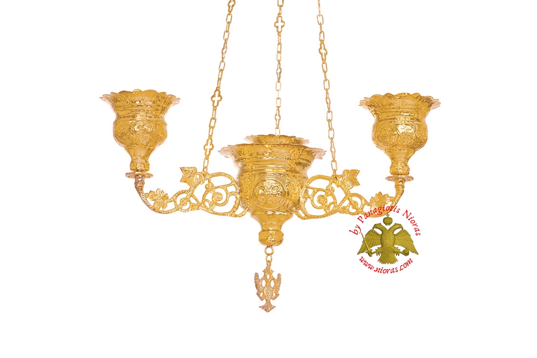 Orthodox Ecclesiastical 3-Branch Hanging Oil Candle Gold Plated