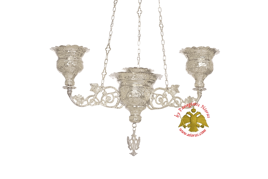 Orthodox Ecclesiastical 3-Branch Hanging Oil Candle Silver Plated