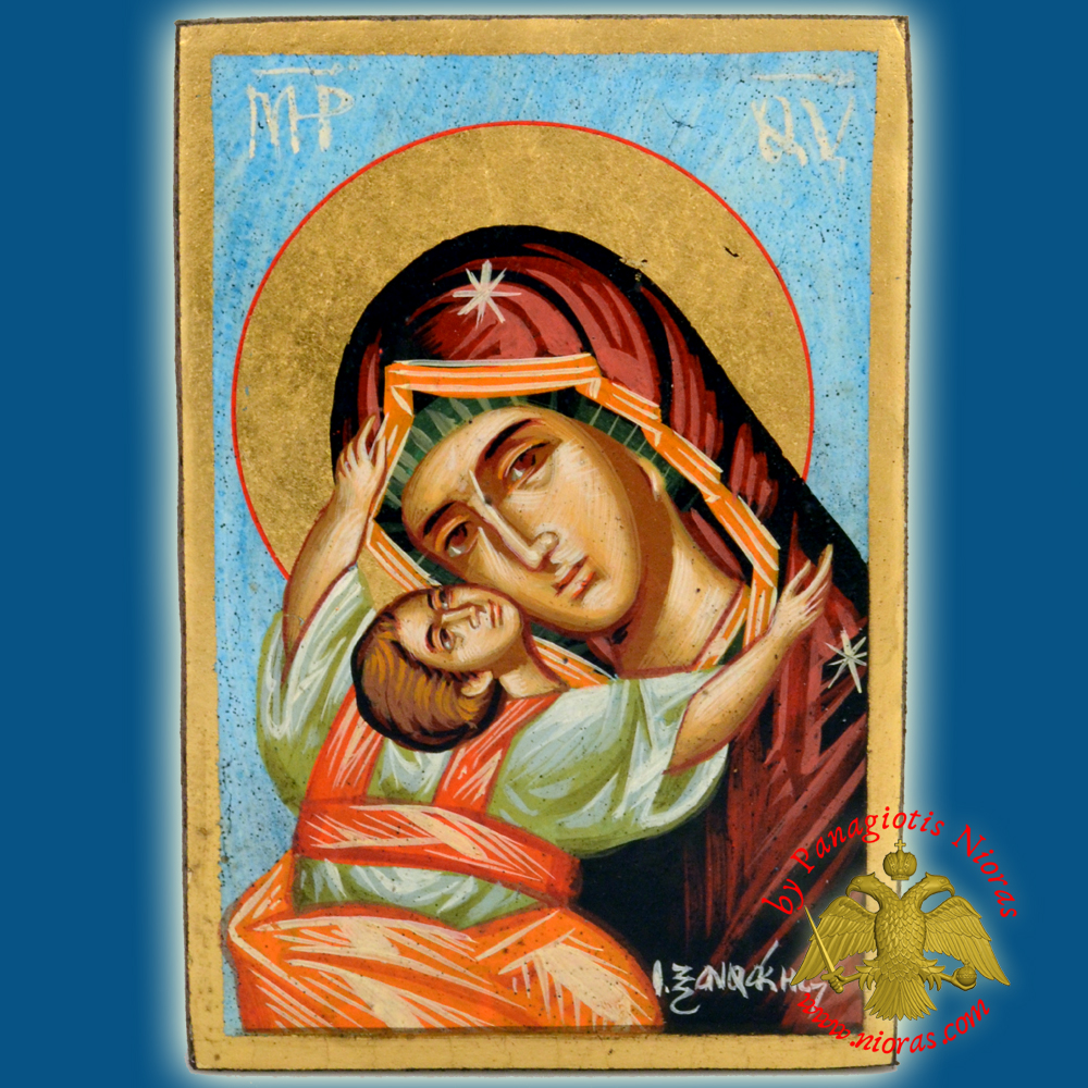 Orthodox Hand Painted Holy Icon Theotokos Sweet Kissing 14x18cm Blue BackGround on Old Natural Wood