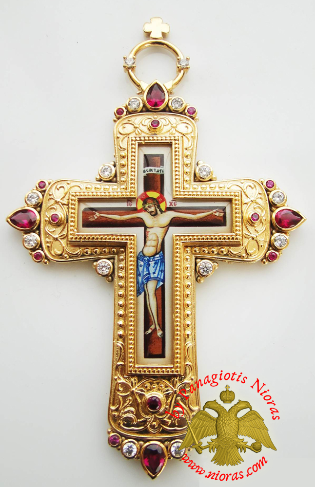 Orthodox Christ Pectoral Cross Brass Gold Plated with Semi Precious Stones 8x13cm - 324