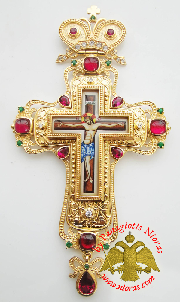 Orthodox Christ Pectoral Cross Brass Gold Plated with Semi Precious Stones 8x16cm - 326